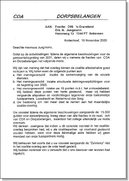 Brief CDA en Dorpsbelangen aan D66